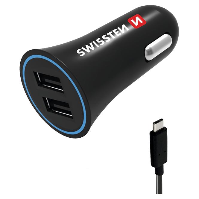 PUNJAČ USB 12/24V SWISSTEN 2,4AMP 2XUSB+KABEL USB-C