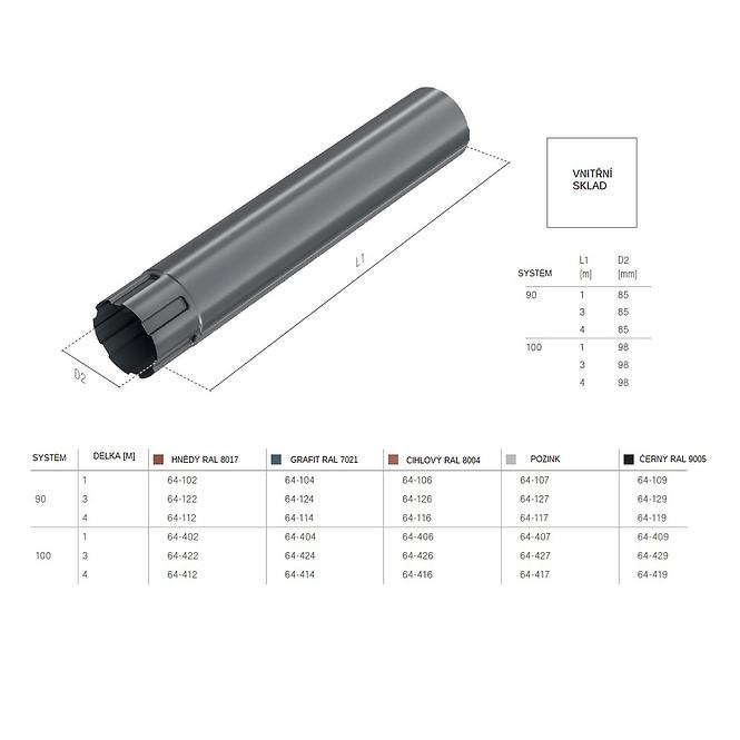 Odvodna cijev 64-102  čelik 90 mm 1 m Bryza smeđa RAL 8017