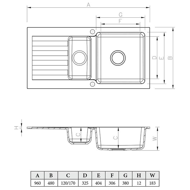 Granitni sudoper  1,5 korito 960x480 sivi