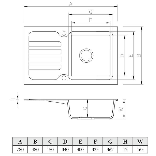 Granitni sudoper 1 korito 780x480 sivi